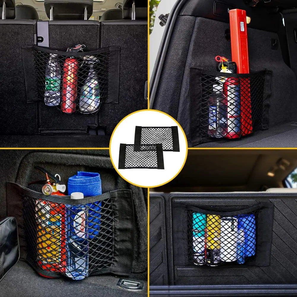 2023 Car Back Rear Mesh Trunk Seat Elastic String Net Magic Sticker Universal Storage Bag Pocket Cage Auto Organizer