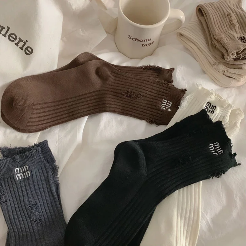 Socks for Women Brands Cotton Socks Mid Calf Trendy Holes Embroidery Letter Personality Tide Socks Solid Hip Hop Socks