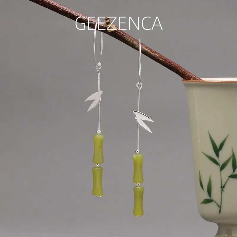 

GEEZENCA 925 Sterling Silver Hoop Bamboo Charm Dangle Drop Earrings Women Green Stone Dainty Statement Earring Party Her Gift