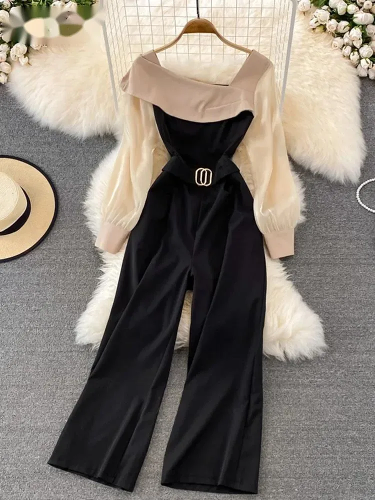 

Spring Autumn Elegant Playsuits Women Slim High Waist Patchwork Loose Wide Leg Pants Jumpsuits Long Sleeve Office Romper