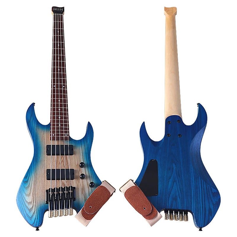 New !!! Headless Electric Bass Guitar 5 String  41inch Solid Ashwood Body Bass Guitar Free Belt Good Handicraft Black Blue