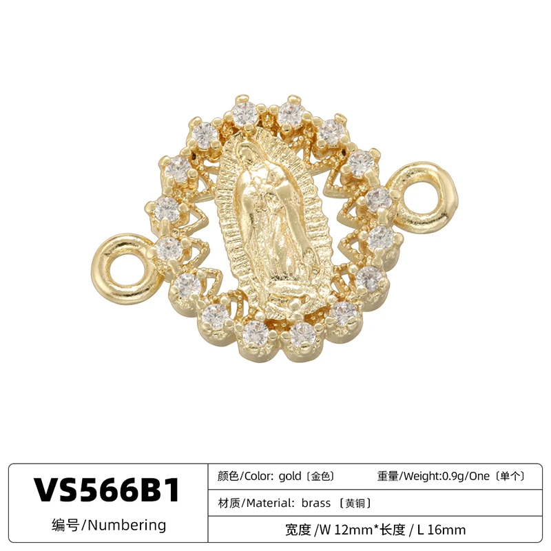 ZHUKOU Golden-plated Brass Catholic Virgin Mary Pendant Crafts Double Holes DIY Bracelet Necklace Accessories
