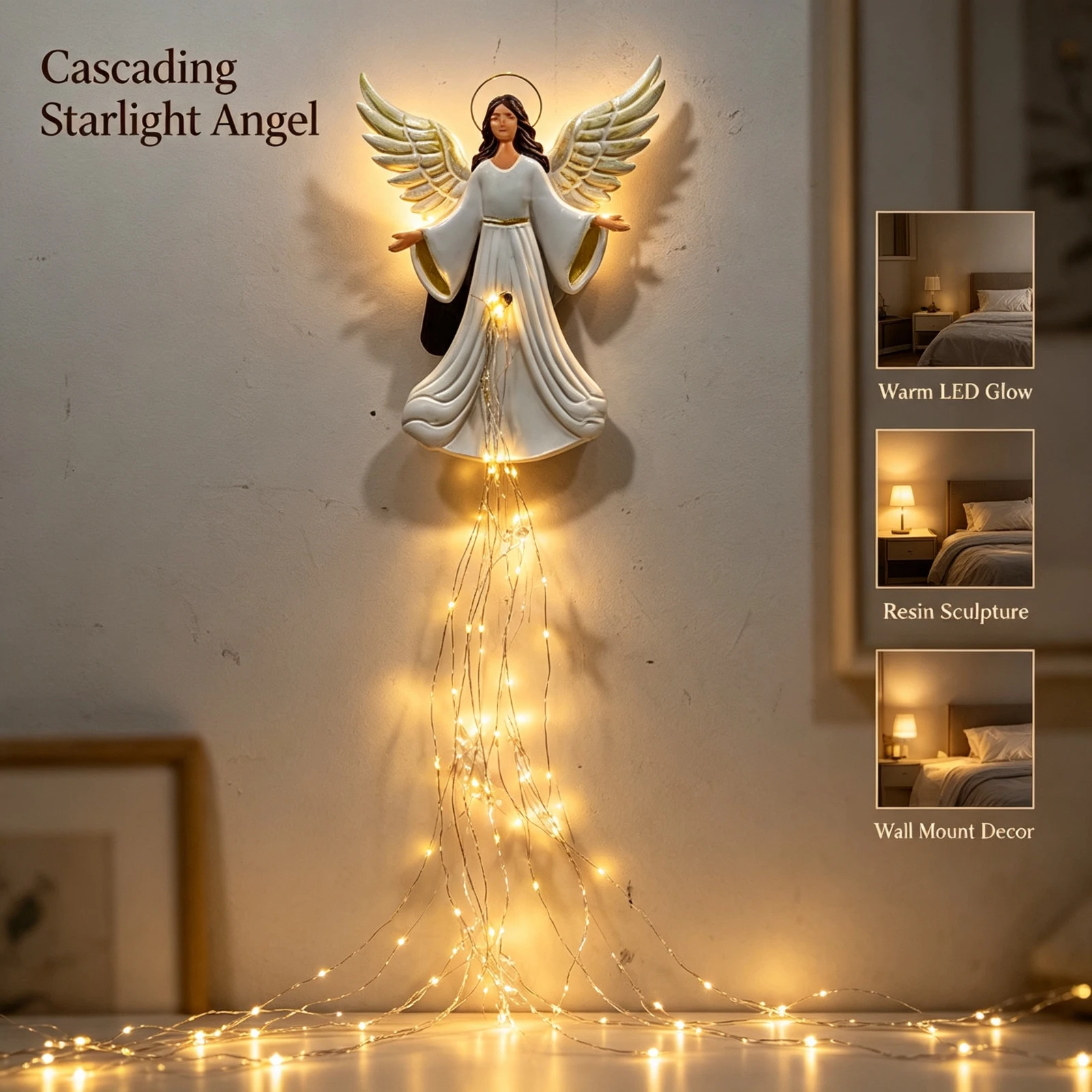 LED Angel Wall Light Illuminated, Resin Figure Fairy Wings Starfall, Hanging Lamp Christmas Home Decor, Ornament Gift For Kids