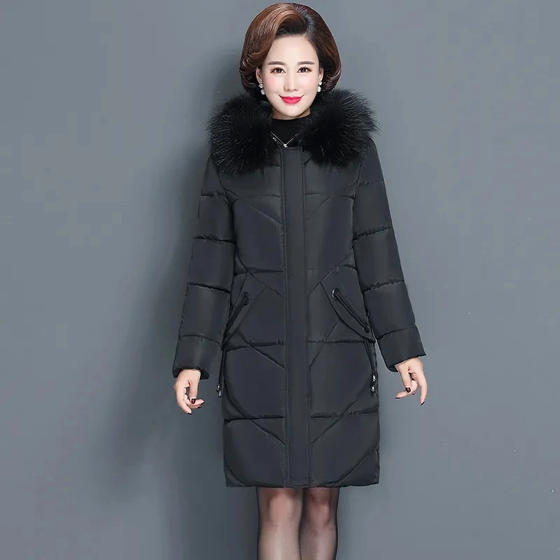 Winter Hooded Long Parkas Down Cotton Clothes Jacket Mid-Length Women Big Fur Collar Solid Color Coat 2024 Fashion Elegant New