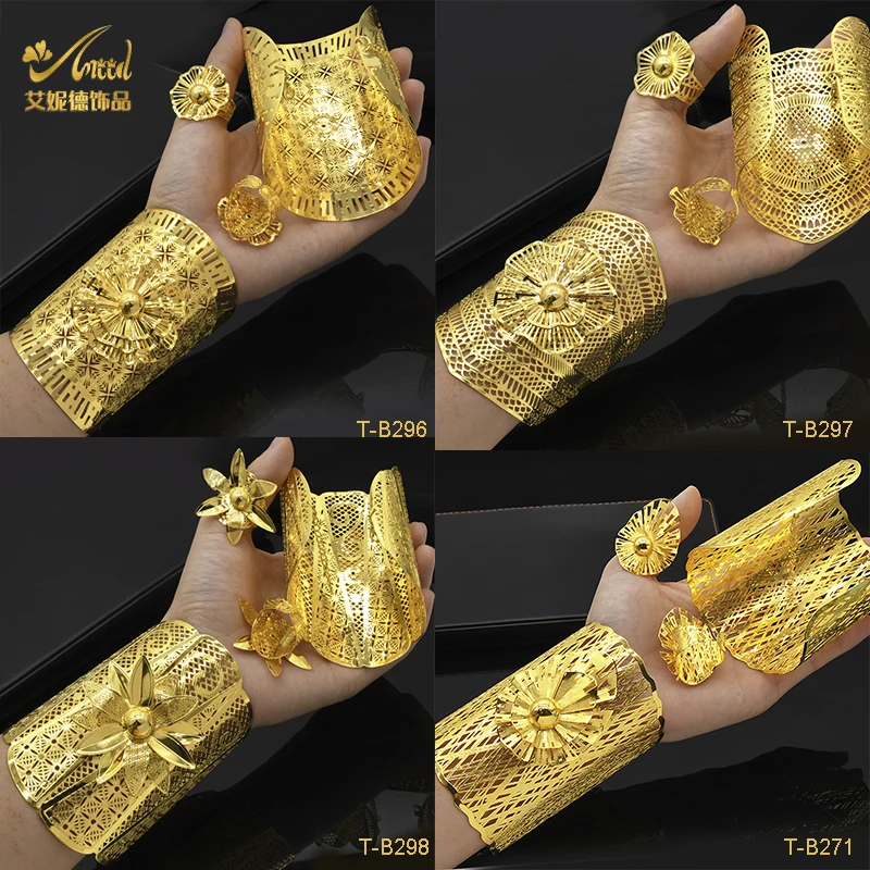 ANIID France Luxury Chain Cuff Bangle & Ring For Women Dubai Gold Color Indian Moroccan Big Bracelet Jewelry Arabic Wedding