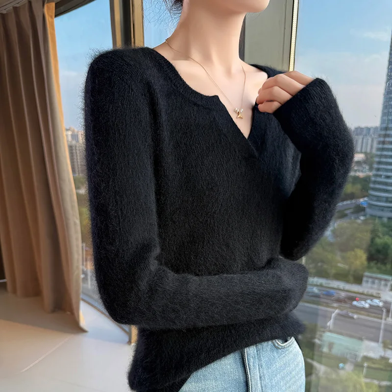 100% المنك الكشمير الخامس الرقبة المرأة البلوز سترة جديدة محبوك سليم صالح مثير الخريف والشتاء المرأة طويلة الأكمام قاعدة سترة