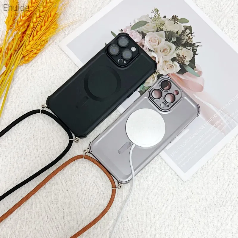 

Shockproof Magnetic Case For IPhone 16 Pro Max 14 13 12 11 15 Plus 16E Wireless Charging Plating Crossbody Lanyard Strap Cover