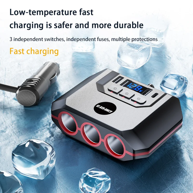 Car Charger 120W 3 Ports USB Type C PD QC3.0 Fast Charge with LED Digital Screen Smart Protect for Car Truck 12-24V Universal
