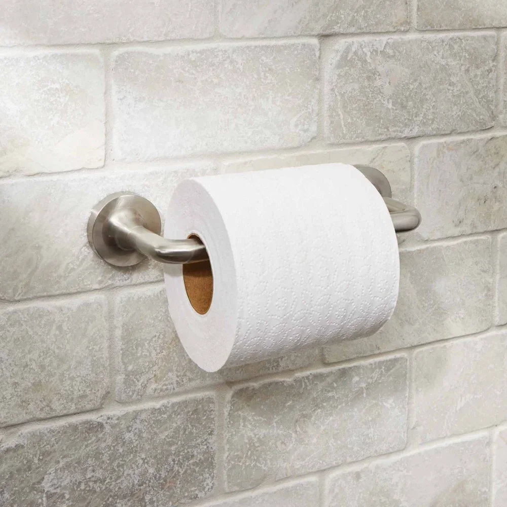 

Wall Mount Toilet Paper Holder Clean Modern Design Satin Nickel Finish Convenient Structure Easy Installation Bathroom Accessory