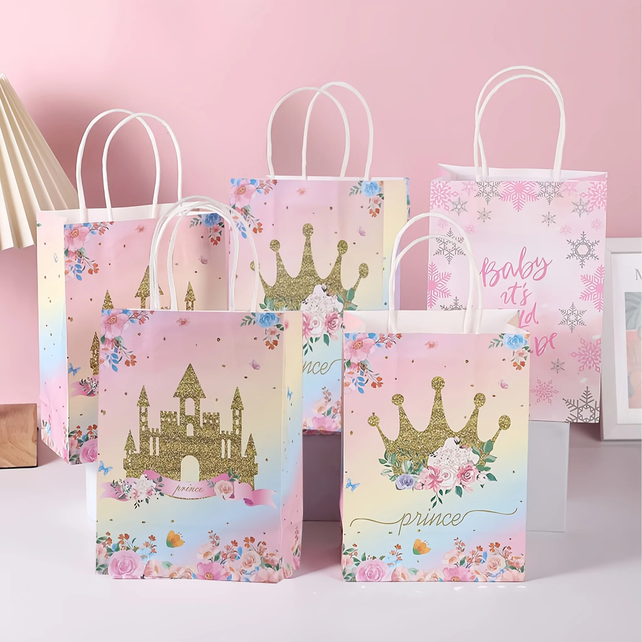 8pcs Disney Crown And Castle Gift Bags, Party Paper Bags, Suitable For Valentine's Day, Birthdays, Weddings, And Party Supplies