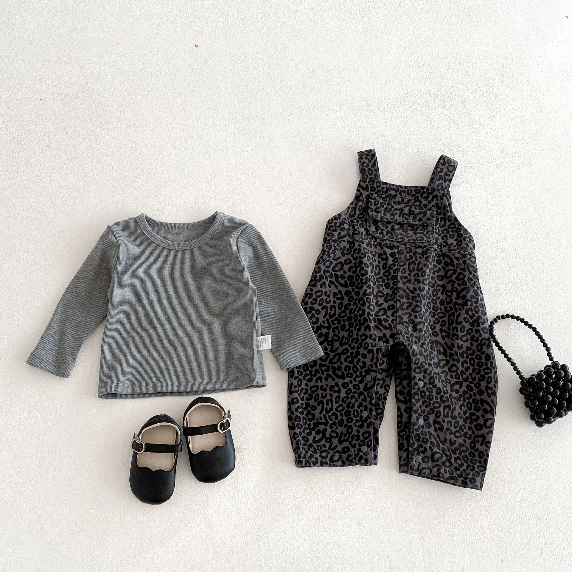 2026 Autumn Fashion Newborn Baby Clothing Set 0-2Years Infant Boy Girl Long Sleeve Cotton T-shirt +Leopard Overall 2PCS Clothes