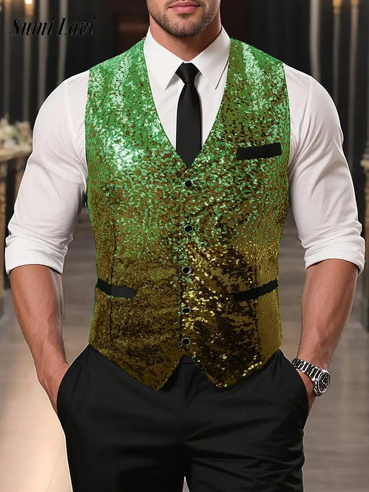 

Винтажный градиентный цветной жилет с блестками, мужской весенний повседневный однобортный кардиган без рукавов с v-образным вырезом, мужские жилеты в стиле ретро