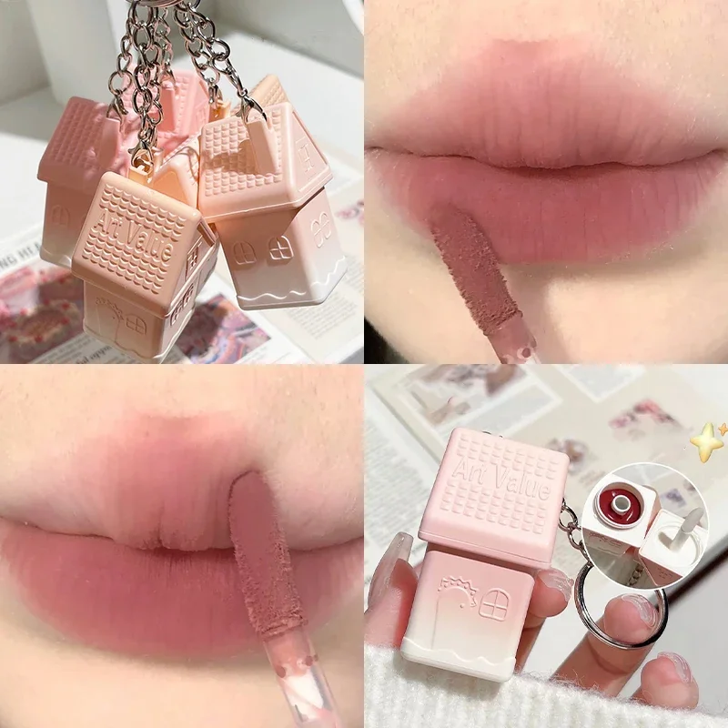 Matte Nude Lip Mud Keychain, impermeável duradouro, batom líquido de veludo Pink Lipglaze, copo antiaderente, maquiagem de tonalidade labial, cosméticos bonitos