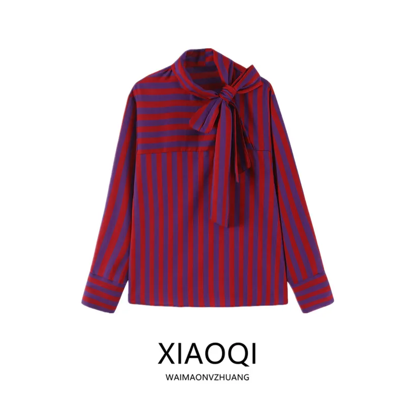 New Autumn 2026 Women's Long Sleeve Shirt Stand Collar Double Lapel Stripe  Knot Business Casual Fashion Top