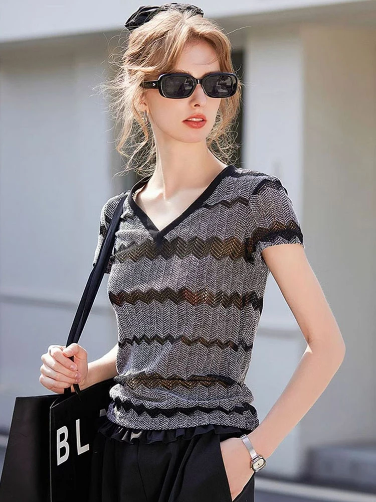 

Slimming Ice Silk ort Sve V-Ne Pullover Base irt Faionable Color Blo Design Summer Commute Sle Korean Version