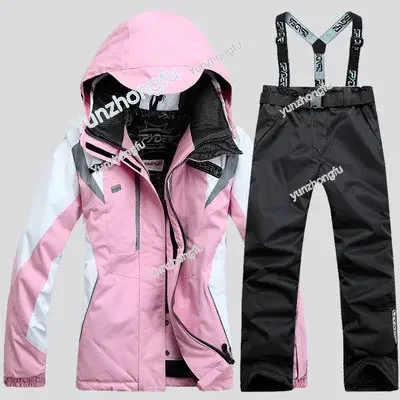 Ski Suit Women Waterproof Snow Jacket and Pants Female Winter Thicken Ski Wear Sportwear Snowboard Set Strap Pants