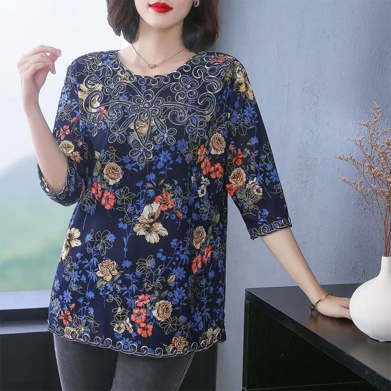 Female Clothing Vintage Floral Printed Shirt Round Neck Spring Summer Casual 3/4 Sleeve Fashion Embroidery Applique Loose Blouse