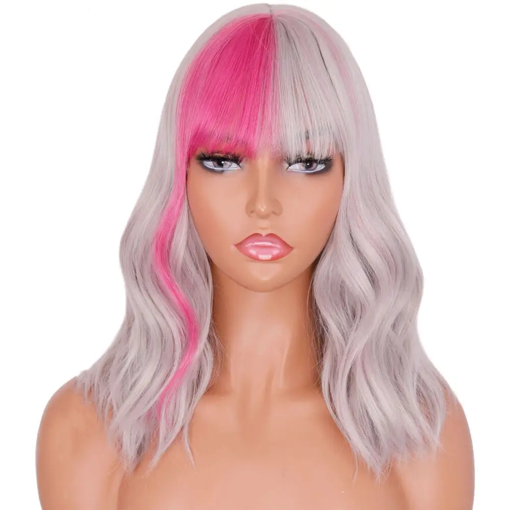 Short Wavy With Bangs Half Rose Purple Half Gray Synthetic Fashion Wigs