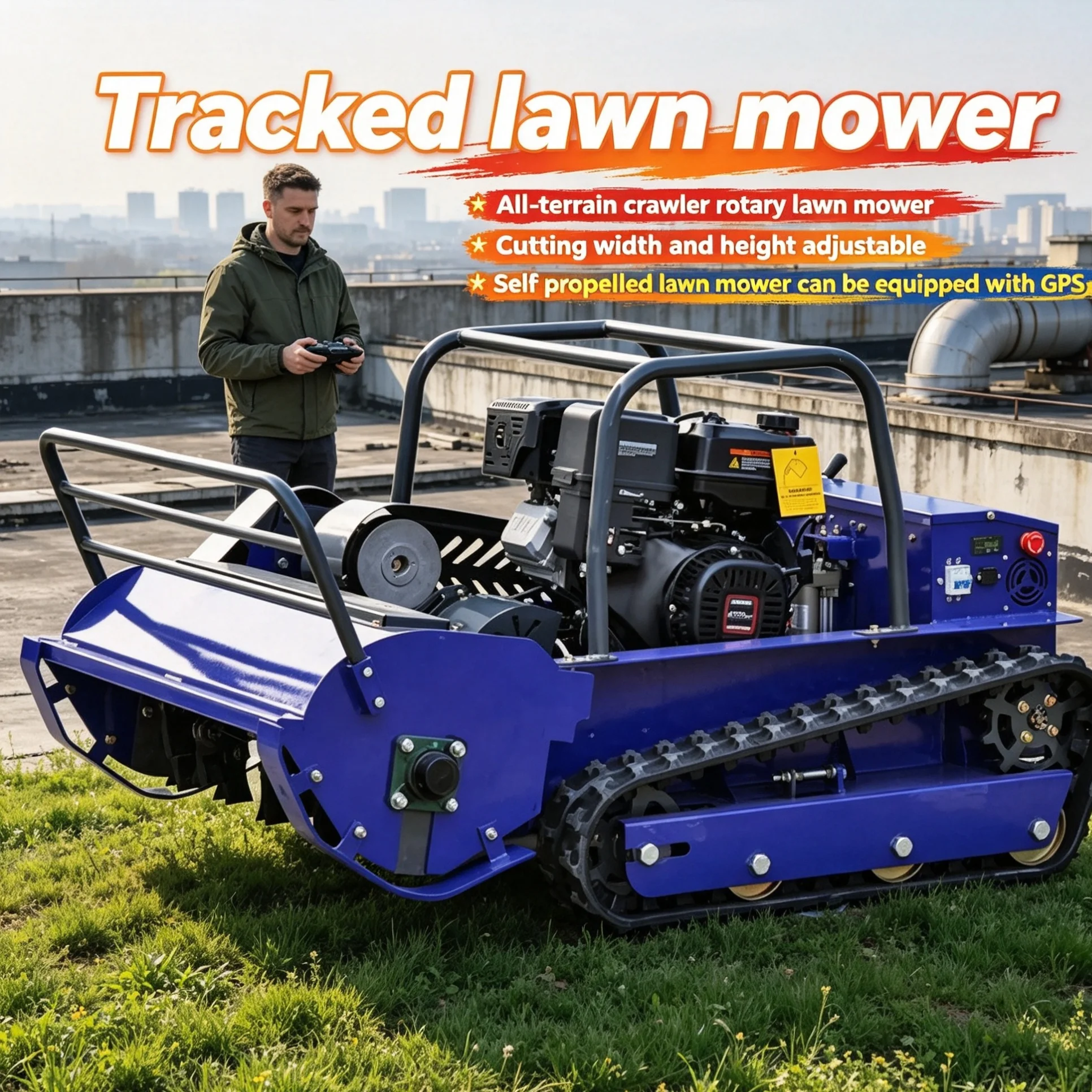Customized CE All-terrain Crawler Mower reserves installation positions for external GPS modules and real-time safety warning