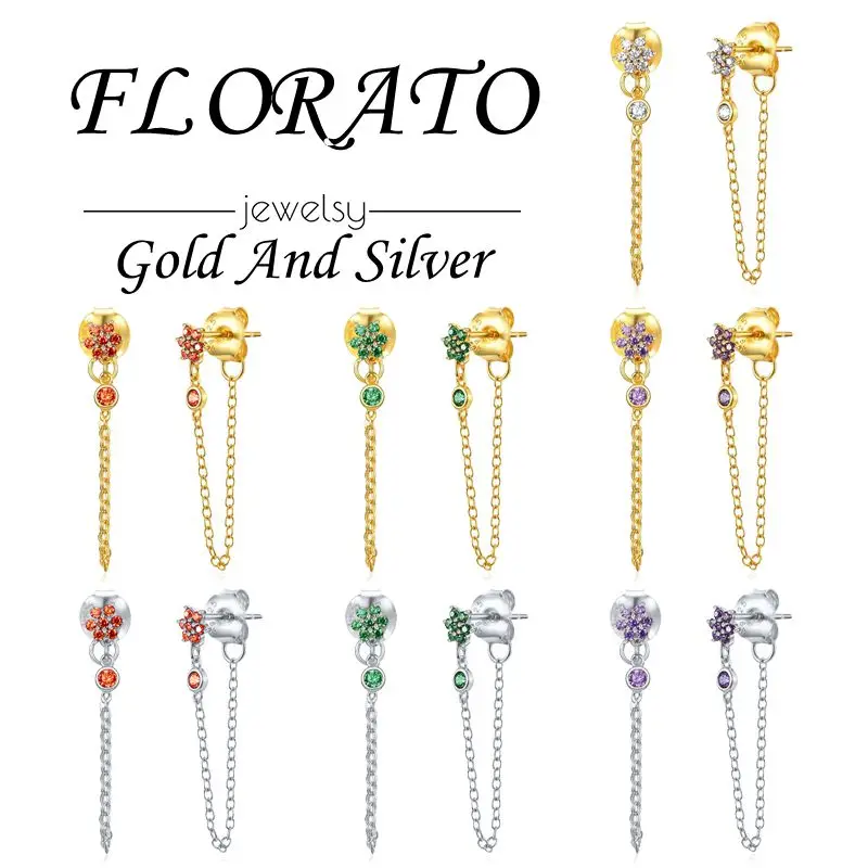 

925 Sterling Silver Ear Needle Romantic Exquisite Earrings Colorful Zircon Flower Tassel Pendant Exquisite Earrings for Women