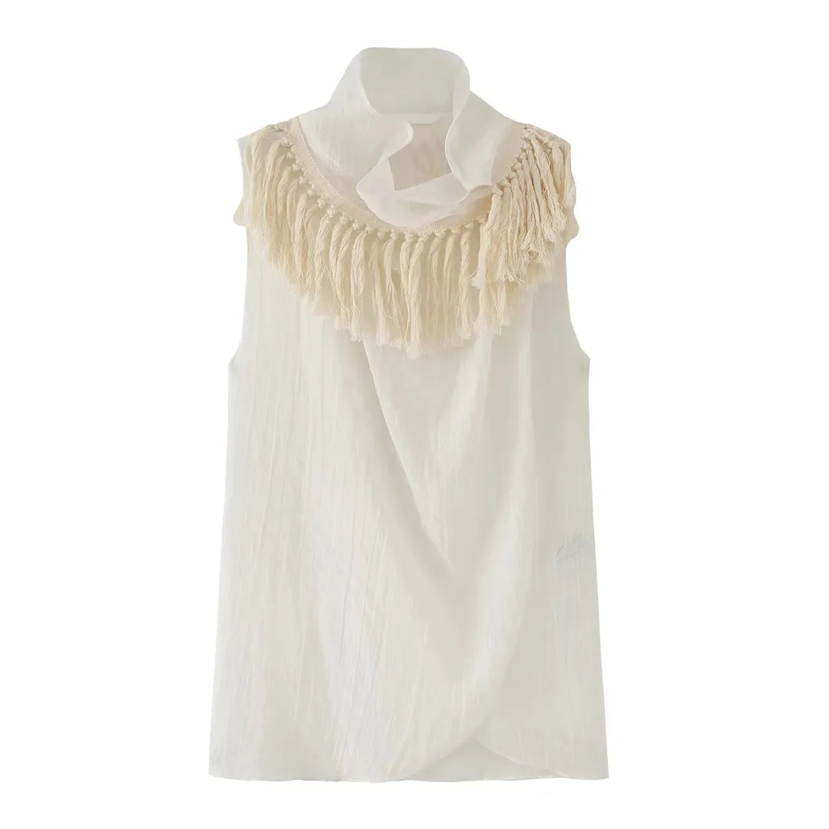 European and American 2026 new summer women's clothing, simple and slim fit, sleeveless drop collar, fringed top