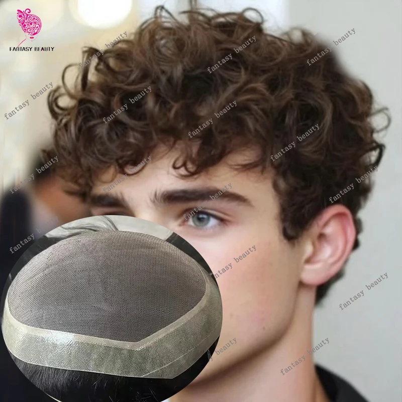 

Realistic Natural Hairline 25mm Natural Curly Durable Ventilated Mono Lace Undetectable PU Men Toupee 18mm 15mm Afro Black Curly