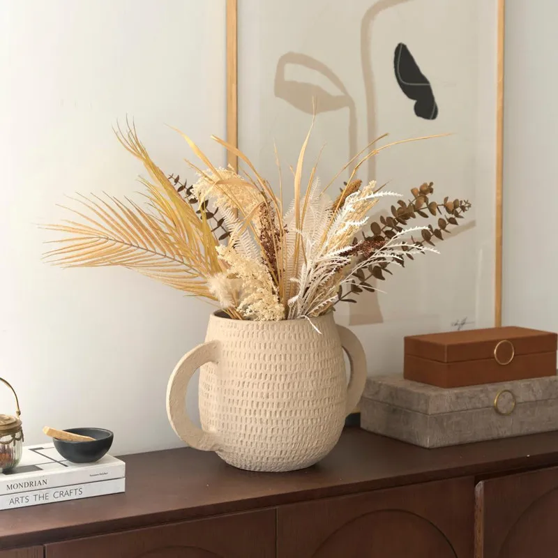 Indian handmade pulp plain woven pattern binaural vase, decorative bowl tabletop flower ware retro literary ornament