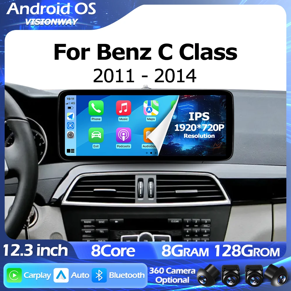 

12,3-дюймовый интеллектуальный мультимедийный сенсорный экран Android 15 с GPS, CarPlay, Wi-Fi, 4G, разрешением 1920*720P для Mercedes Benz C-класса W204 2011-2014 годов выпуска