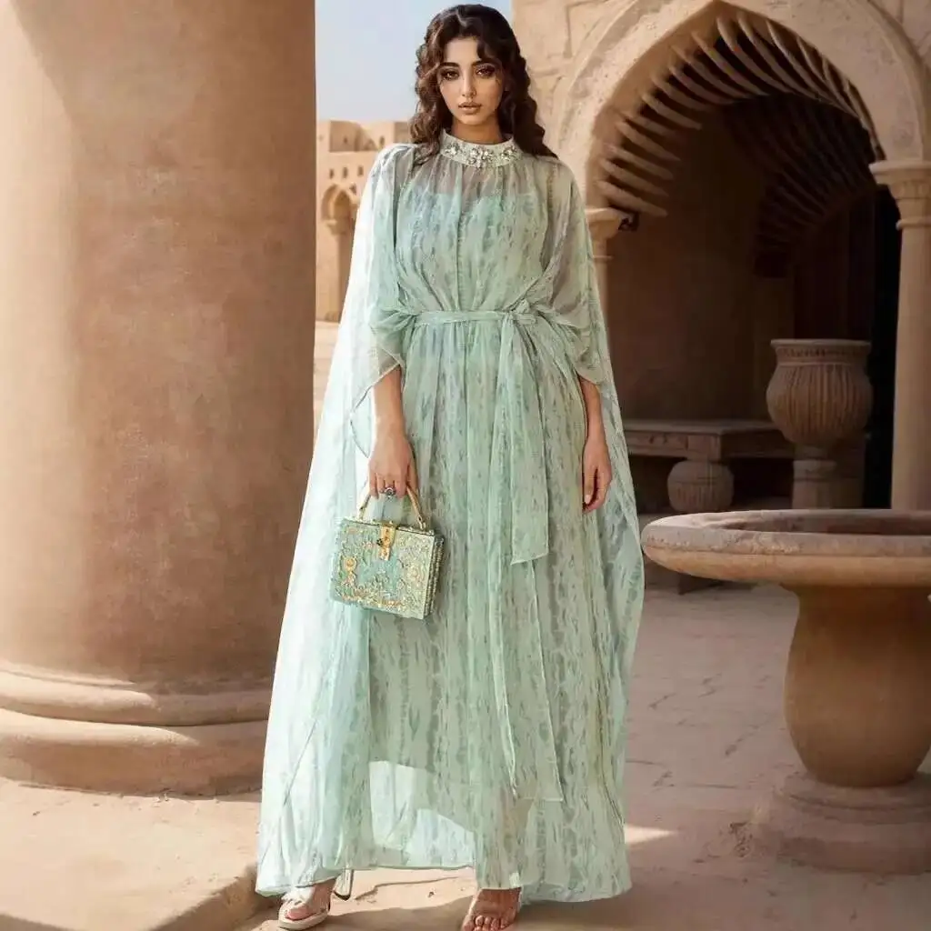 

Ba5068 Mint Green Half High Neck Strap Two-piece Chiffon Dress Dubai Party Dress Robe Abaya Ramadan Dubai Luxury Islam Elegant