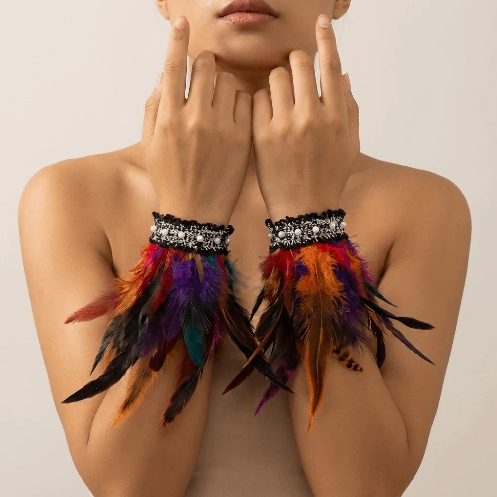 Fashion Lace Feather Wrist Cuffs Pearl Adjustable Halloween Arm Cuff Gloves Gothic Plume Bracelet Themed Party