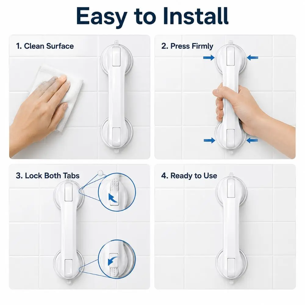 Anti Slip Suction Grab Bar Balance Support 11 Inch Shower Grab Handle No Drill Installation Dual Suction Cup