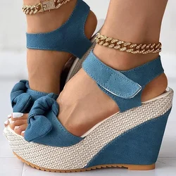 Nuovissimi sandali in Denim con plateau da donna moda fiocco colori misti zeppe tacchi alti sandali da donna Casual scarpe da donna per feste