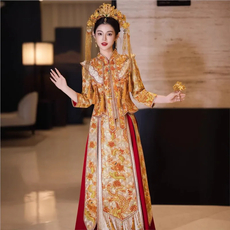 New toasting dress golden dragon and phoenix gown bride's Chinese-style wedding formal