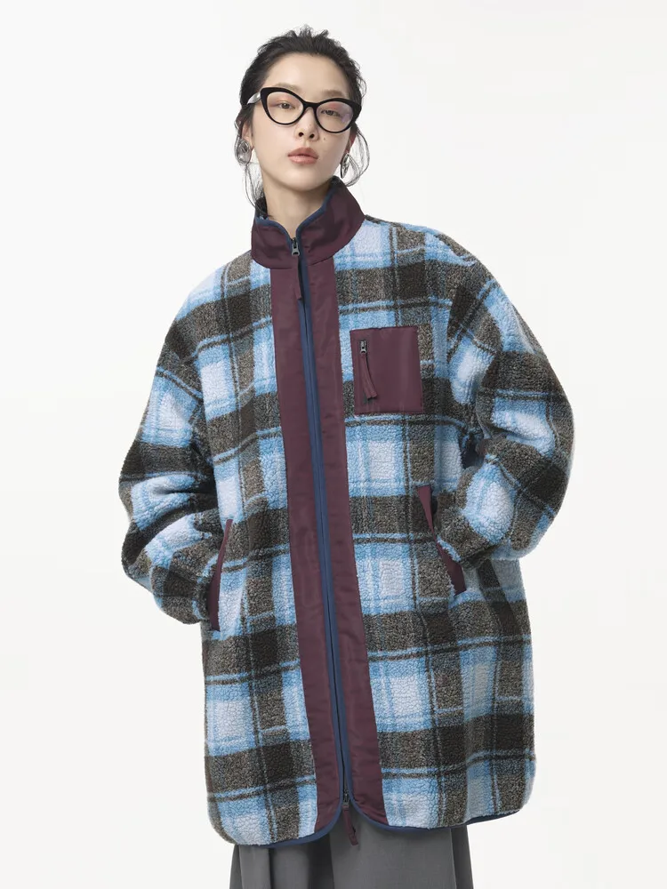 

MOVEUP Commuting Long Sleeved High Neck Jacket Autumn Color Blocking Plaid Zipper Pocket Plush Warm Jacket For Women 324310704