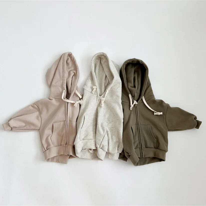 Korean Style Solid Thin Autumn Hooded Baby Hoodies Long Sleeve Loose Zipper Pocet Casual Sweatshirt Unisex
