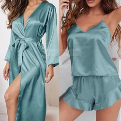 Female Sleepwear Pajamas Three-Piece Set Spring Summer Kimono Bathrobe Strap Top&Shorts Pijamas Suit Sexy Loose Satin Home Wear