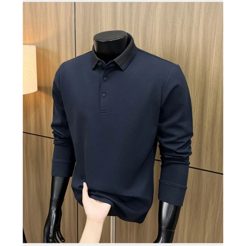Business Casual Autumn Winter Men Wool Silk Polo Shirt Solid Color Lapel Long Sleeve Knit Top For Middle Aged Men