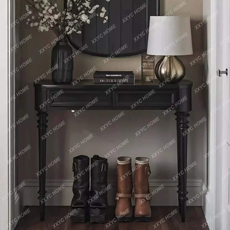 Solid wood entrance table against the wall, ultra-narrow entrance platform, corridor aisle cabinet, retro entry, facing the door