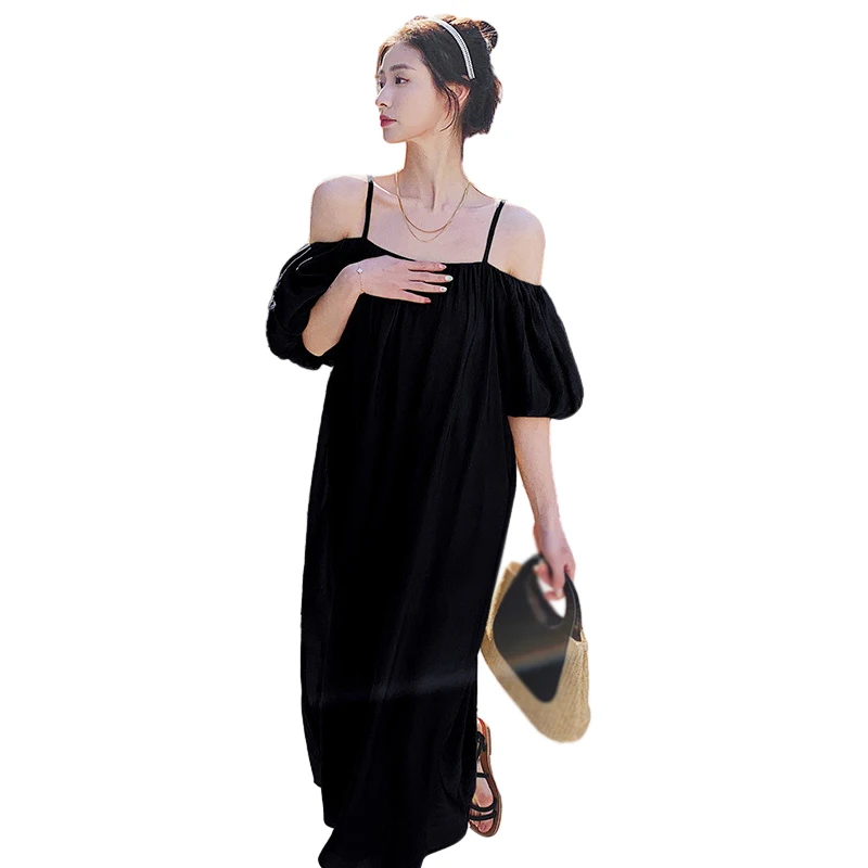 Women's Long Dress Temperament Loose Fitting Off Shoulder Suspender Dress