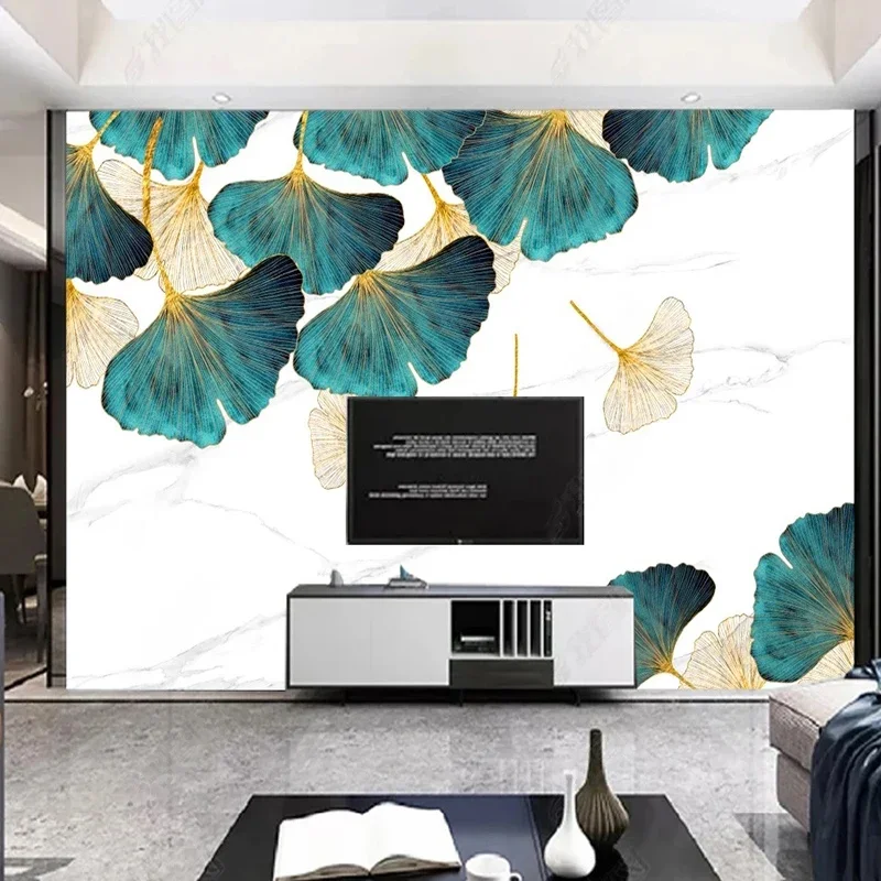 

Custom 3D Mural Modern Light Luxury Papel De Parede Blue Ginkgo Leaf Marble Living Room Bedroom TV Background Decor Wall Papers