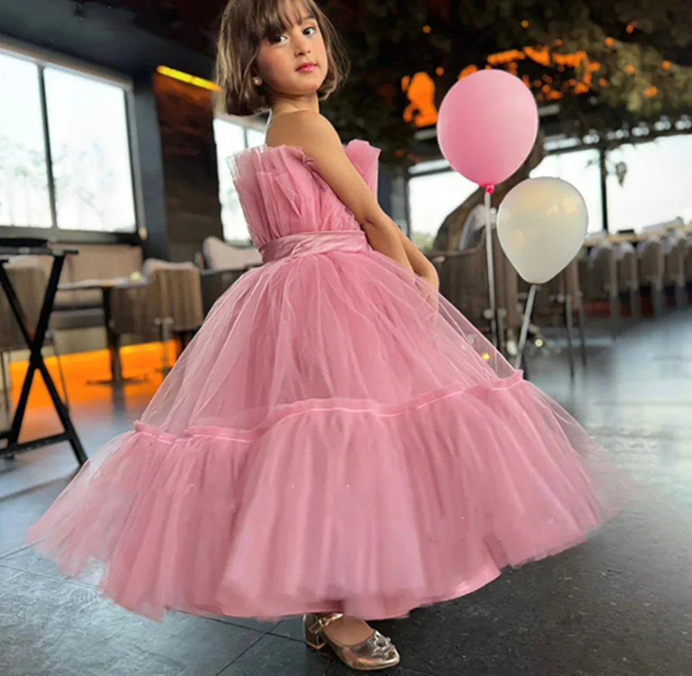 

Girl Peony Lace Back A-Line Straight Ball Bow Strapless Tulle Party Flower Girl Dress Csustomized Flowers Girls Dress