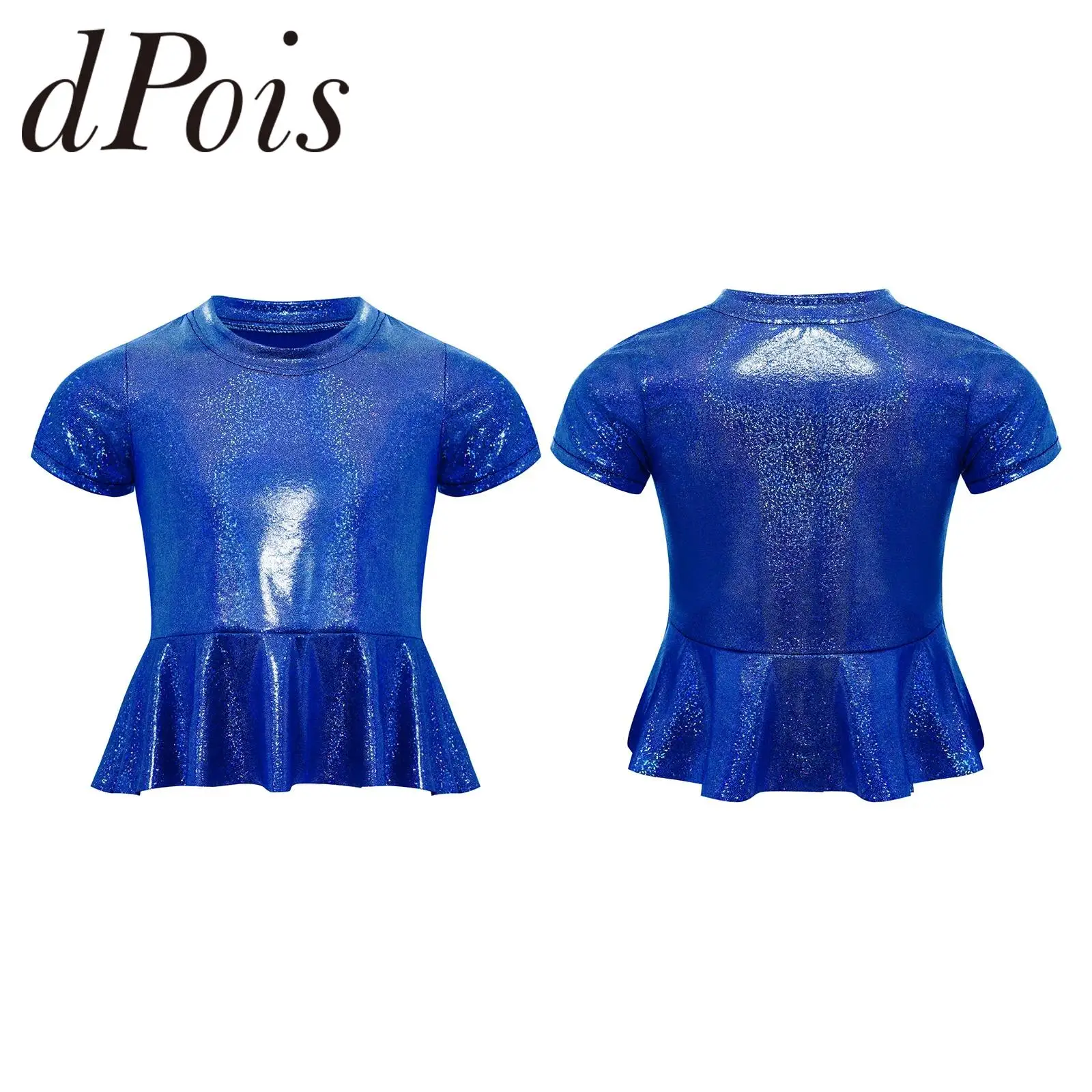 

Блестящие футболки для девочек, сценический костюм, футболка с короткими рукавами, детские топы для джазовых танцев, модные детские костюмы для выступлений в металлическом стиле