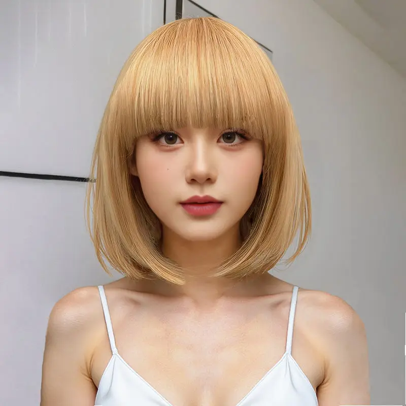 باروكة بوب نسائية حلوة ولطيفة وشعر قصير منفوش وقصير أنيق من بوبو بني متعدد الألوان