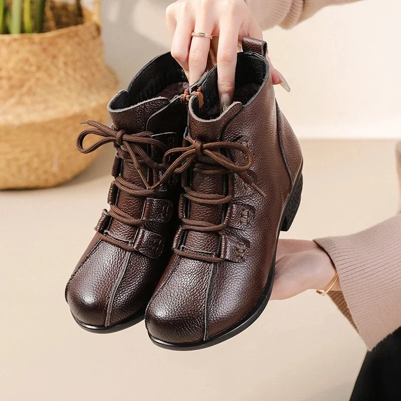 High Quality Lace Up Heeled Shoes Women\'s Boots Comfortable Ladies Genuine Leather Shoes Ankle Boots Big Size 42 Woman Booties