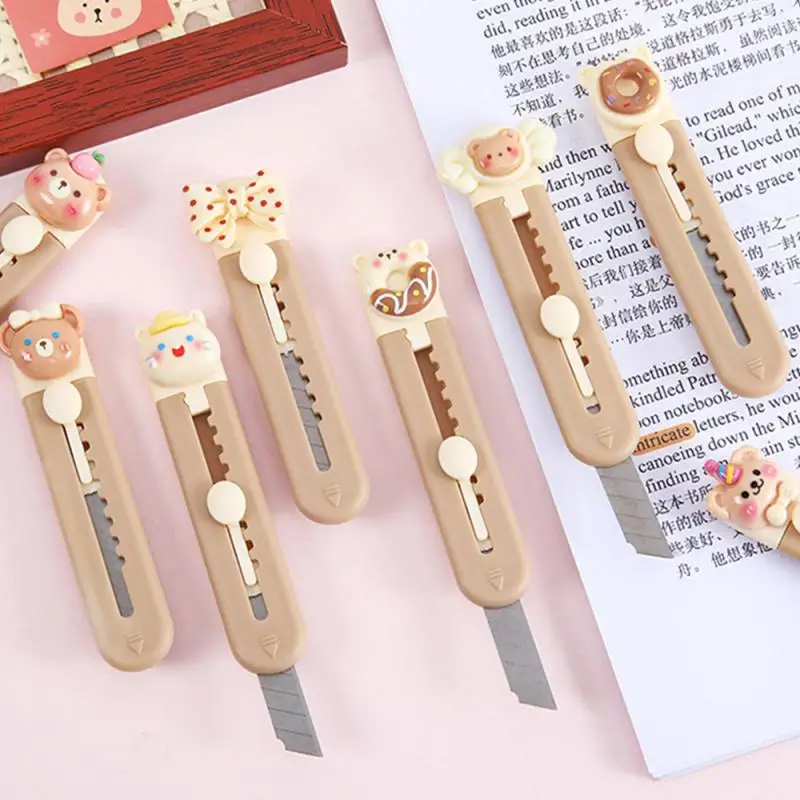 Cartoon Utility Knife for Student Cute Fashion Box Cutter Small Portable Kawaii Beige Coffee Color Letter Opener Office