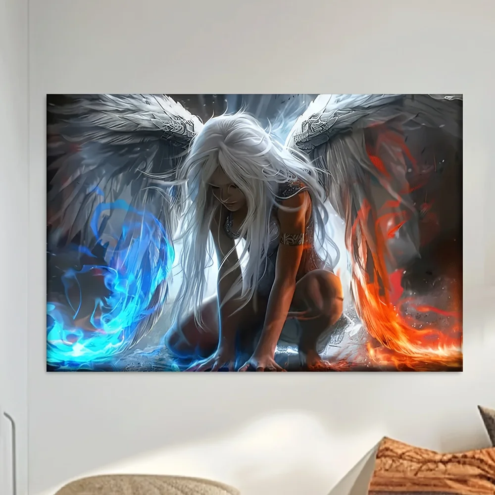 1 piece, canvas painting - unframed, surrealist angel with white wings and blue flames