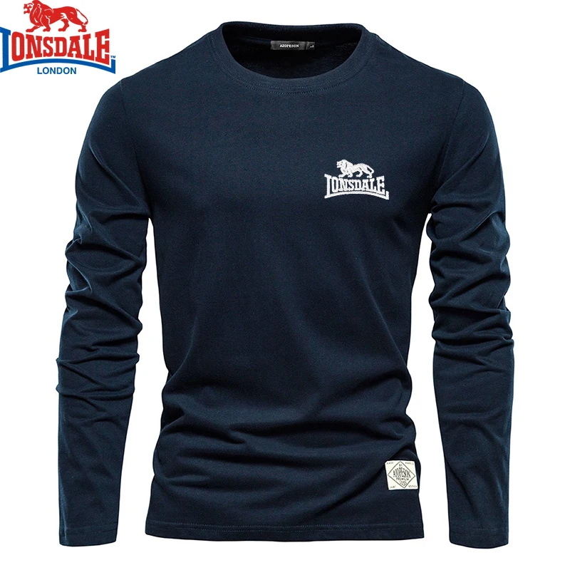 Embroidered LONSDALE 100% Pure Cotton Round Neck Long Sleeved T-shirt for Men's High-quality Casual Outdoor Sports