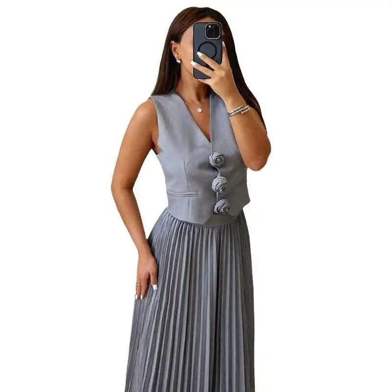 

Svel Vest Skirt Set Long Sve Pleated Dr Women's Faion Two-Piece Suit Autumn Collection for Young Women