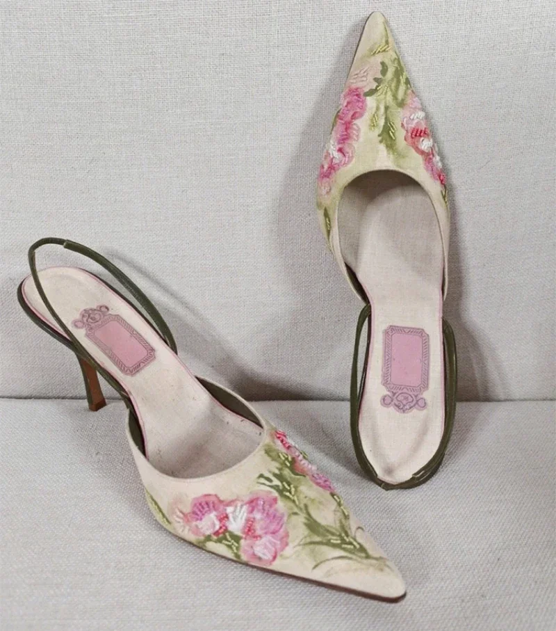 Embroidered High Heel Sandals Women Elegant Slingback Sandals Summer 2025 Pointed Toe Pumps Dress Shoes Women Zapatos De Mujer