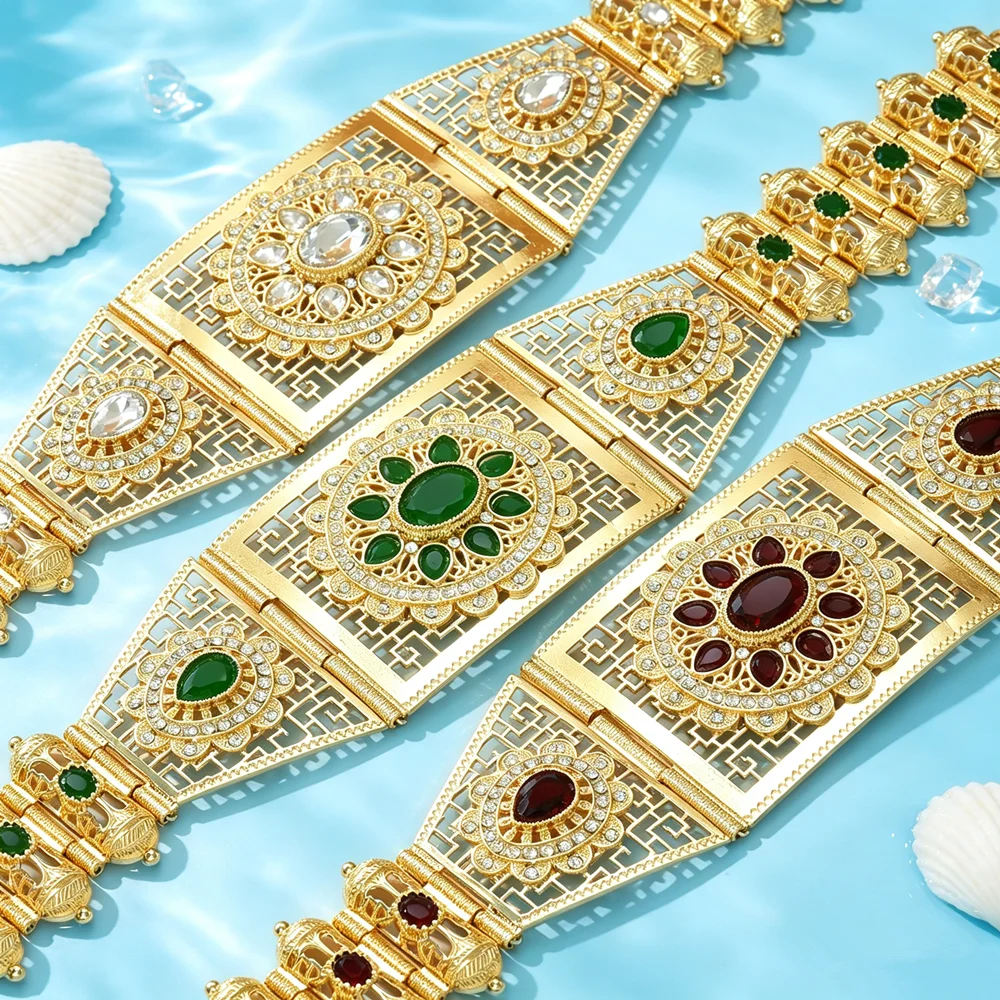 Shiny Moroccan Fashion Robe Belt with Square Embedded Rhinestones Adjustable Rope Traditional Arab Bride Wedding Jewelry Body Ch